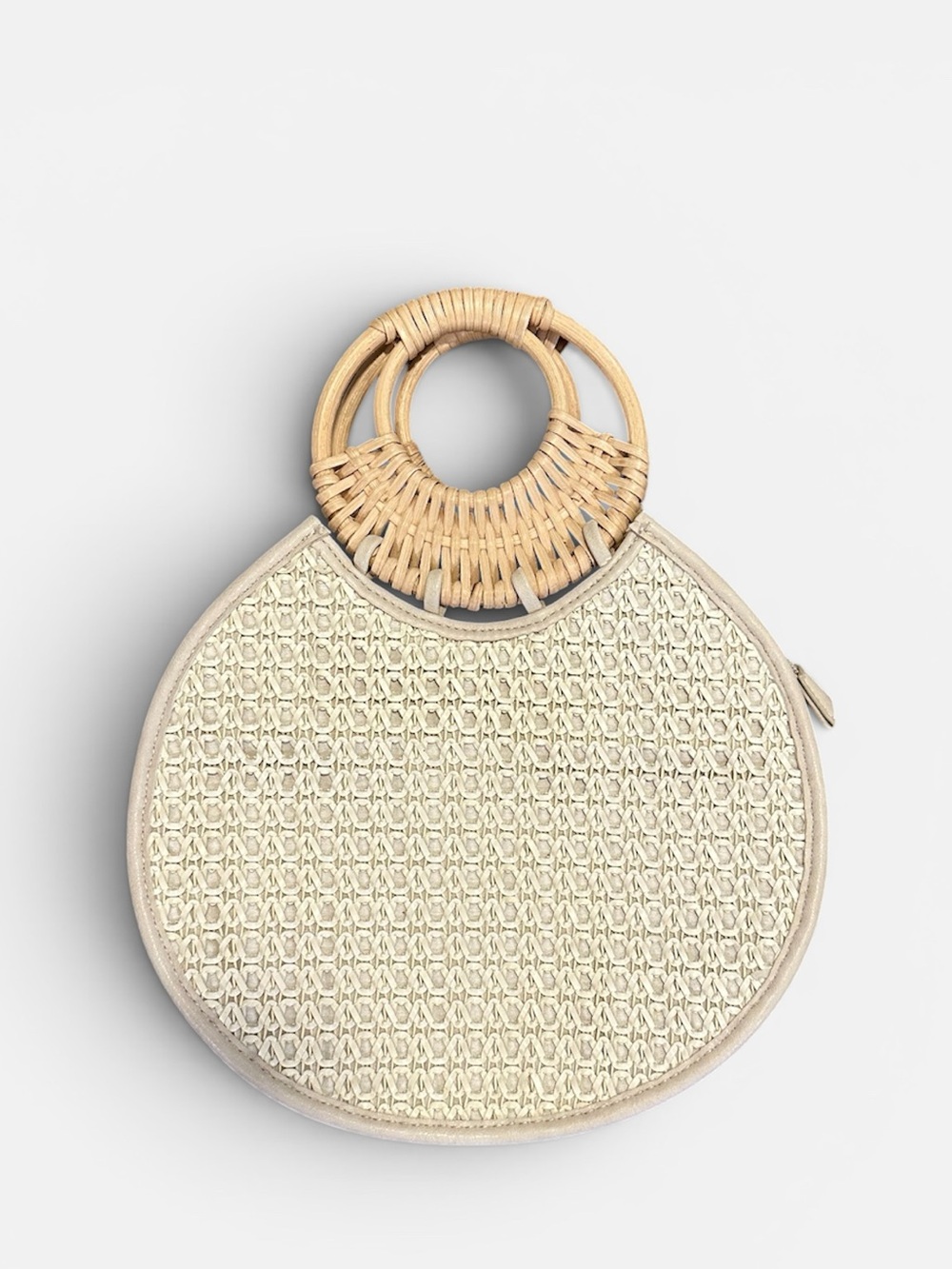Anthropologie Round Woven Mini Bag with Rattan Handles - Natural Beige